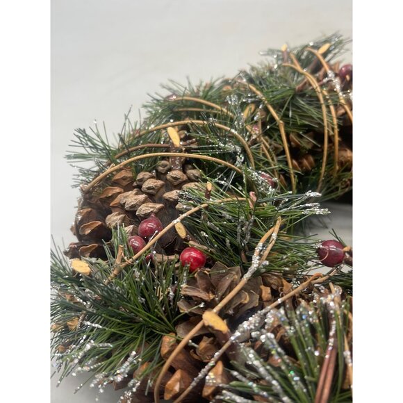 handmade Christmas wreath green brown pine cones holly berries silver 10" READ - Picture 4 of 8